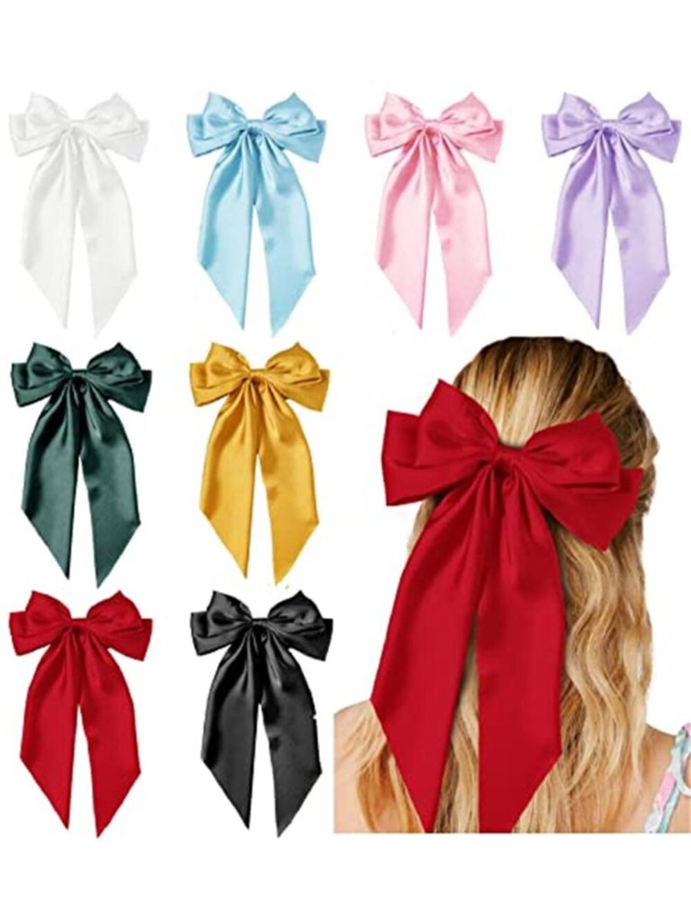 Hair Bows for Women Girls 8 PCS Hair Ribbon Bow Hair Clips with Long Tails